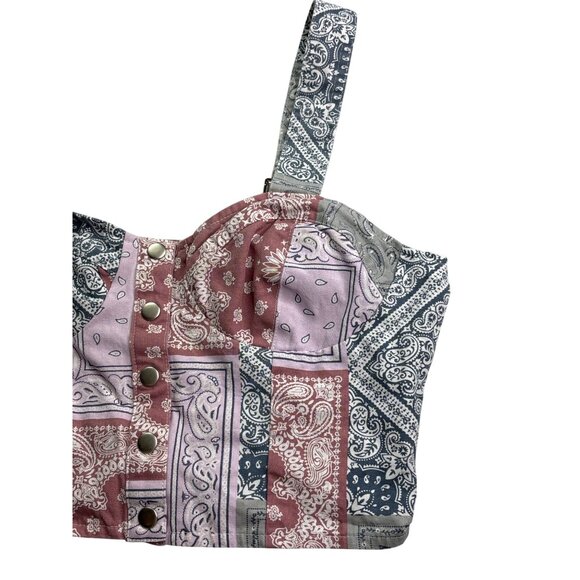 BaeVely Womens Patchwork Bandana Print Crop Top Size S Snap Front Boho Retro - Picture 3 of 7